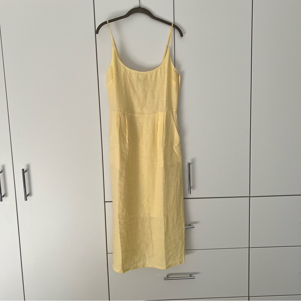 💯% European Linen Scoop Neck Midi Dress  - light yellow, Medium, NEW